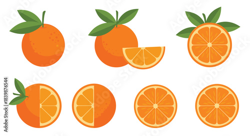 Set of fresh whole and sliced oranges with green leaves, depicted in a flat graphic style on a plain white background.