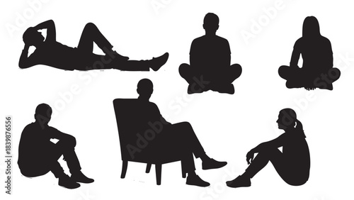 Vector silhouettes of women, people, couple, and business men sitting on chairs or dancing, with children and a baby in black shadow illustration