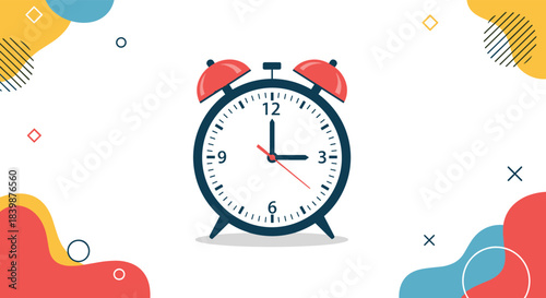 Flat design vector illustration of a traditional alarm clock showing three o'clock on a white background with colorful abstract shapes.