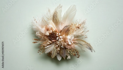 Ornate arrangement of dried grasses, feathers, and small decorative elements rests against a muted background.