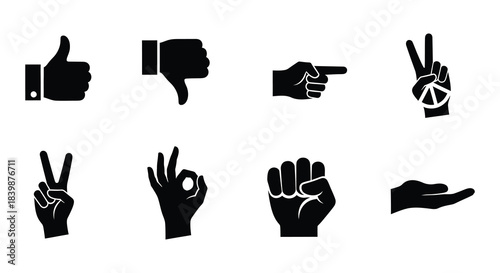 Collection of black silhouette hand gestures illustrating various signs and symbols