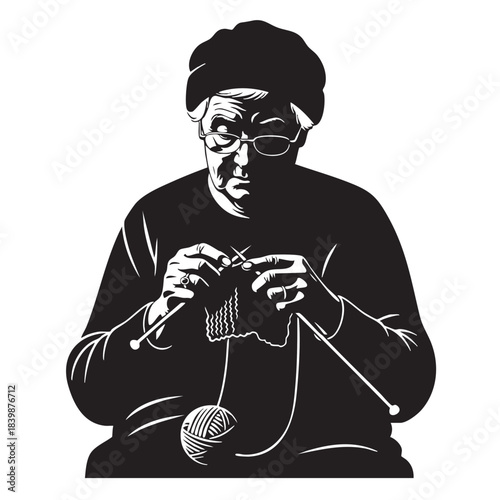 Elderly Woman Knitting Silhouette with Yarn Ball and Needles, Concentrated on Craft, Wearing Glasses and Hat on White Background