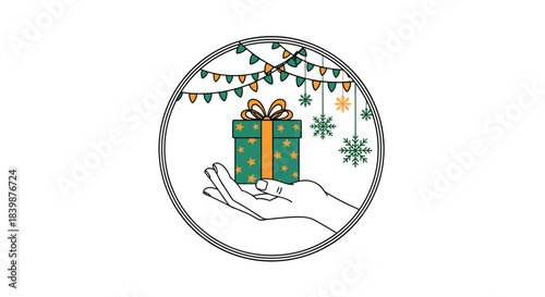A hand holds a festive green and orange gift box, surrounded by holiday lights and snowflakes inside a circular frame, representing giving and winter celebrations.