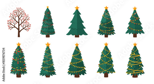 Assortment of festive cartoon-style Christmas trees, some adorned with lights and stars, alongside a bare winter tree with red berries.