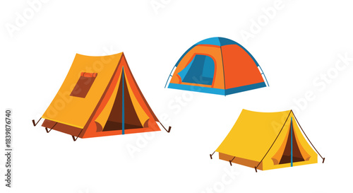 Various colorful camping tents, including dome and A-frame styles, isolated on a white background, representing outdoor activities and travel.