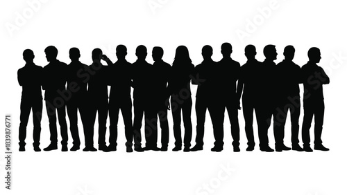 a group of people standing closely together in a line all depicted as a dark silhouette