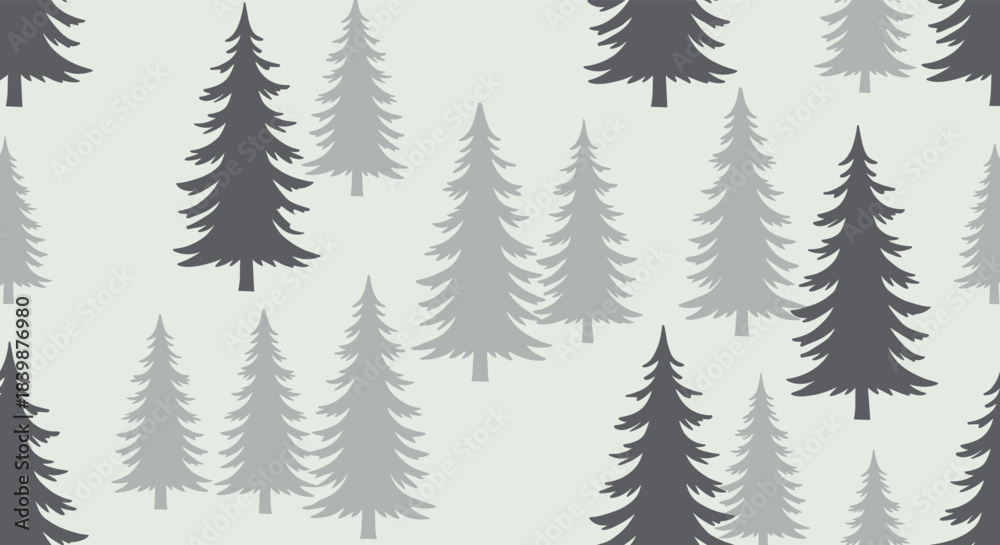 Obraz premium Seamless pattern of stylized evergreen trees in various shades of gray on a light background.
