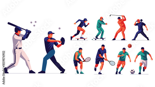 Illustration of collection of athletes playing various sports including baseball, skateboarding, golf, and soccer