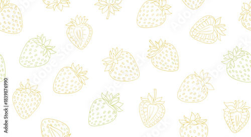 Seamless pattern of golden outlined strawberries on a white background.