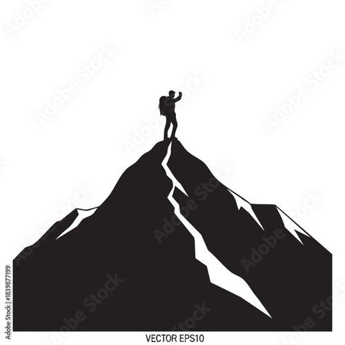 Man Reaching Peak of Mountain Silhouette Hiker Climber Standing on Top of Mountain Cliff with Arms Raised Achievement Success