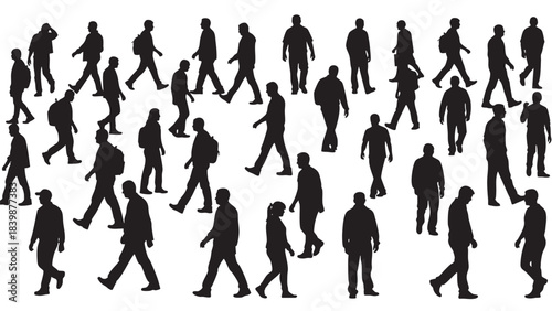 Group of business people silhouettes walking, dancing, and posing as black vector illustrations