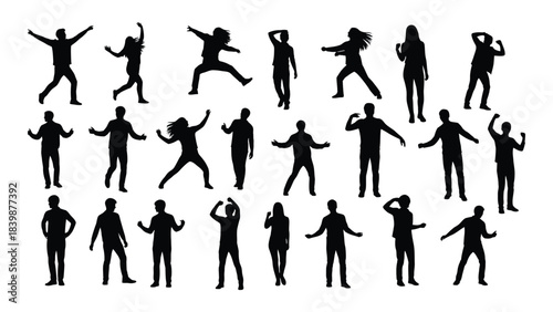 a collection of diverse human figures in various dynamic poses displayed as a striking black silhouette