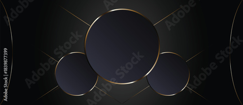 Abstract dark background with three circular frames and golden geometric lines elegant design for presentations or luxury branding EPS vector