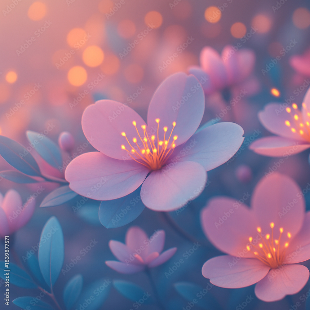 Fototapeta premium AI generated pastel fantasy glowing flowers with soft pink blue tones golden light centers dreamy romance calm mood and clean copy space for design
