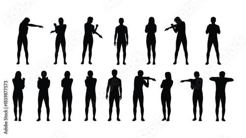 a collection of diverse human figures in various poses depicted as a stark black silhouette