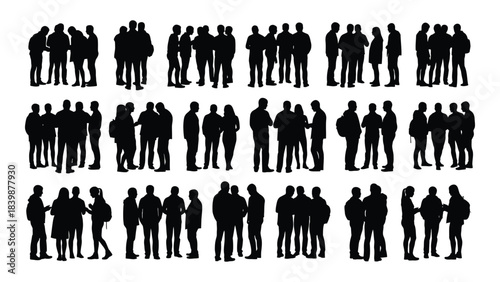 a collection of various black human figures arranged in rows showing diverse postures and groupings silhouette