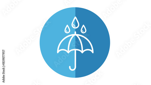 Simple illustration of an umbrella with raindrops under a blue circle with a white outline indicating protection from rain and water