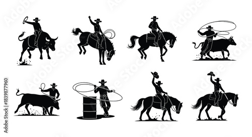 Silhouette collection depicting various rodeo events with cowboys and horses