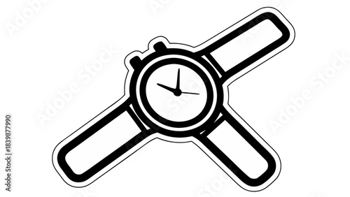 Simple Line Art Icon Of A Classic Wristwatch With A White Face And Black Hands On A Solid Black Background With A Thick White Outline Representing Timekeeping And Style