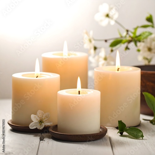 Wallpaper Mural Lit candles with blossoms against a light backdrop on wooden surface Torontodigital.ca