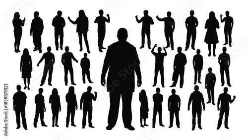 a diverse collection of black silhouettes depicting various human poses and figures against a stark white background silhouette