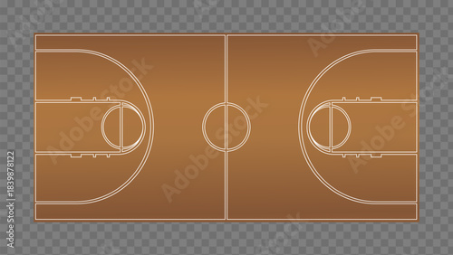Top view basketball court layout with brown floor and white lines