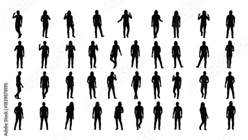 a collection of diverse human figures depicted in black silhouettes showcasing various poses and actions silhouette