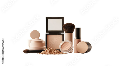Assortment of luxury beige cosmetic products including loose powder foundation and makeup brushes on black