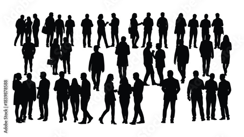 a large group of people walking together in various poses presented as a striking black silhouette