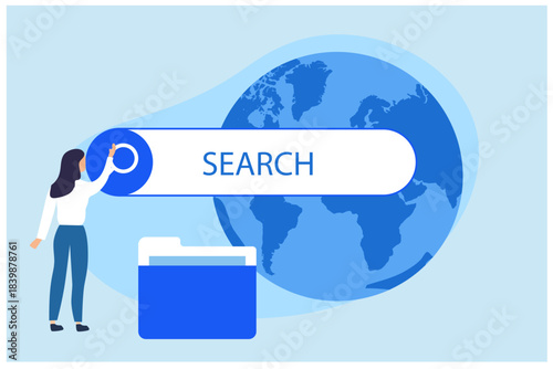 Woman searching information on internet. online surfing, SEO vector illustration