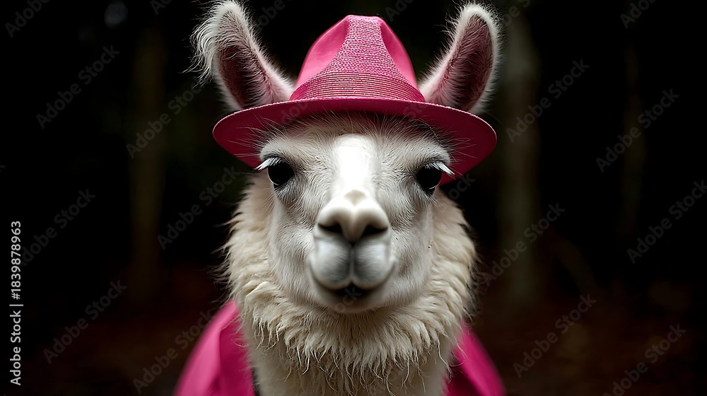 Naklejka premium A charming llama portrait, donned in a vibrant pink fedora, and matching cloak