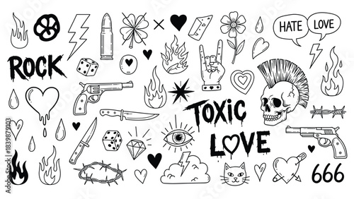 Illustration of collection of punk rock and alternative style doodle icons skulls, hearts, weapons, flames, text like rock, toxic love, and symbols