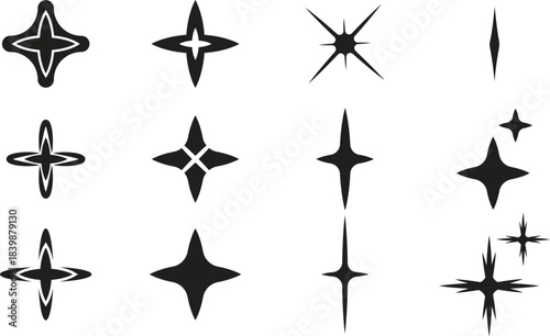 Collection of black sparkle icons and starburst elements on white