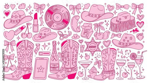 Illustration of pink cowgirl aesthetic clipart set cowboy hats, boots, vinyl record, lipstick, drinks, and western accessories doodle art