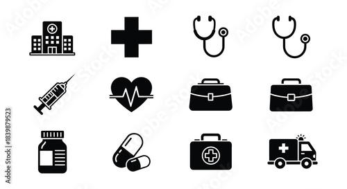 Medical symbols and icons representing healthcare hospitals and emergency services