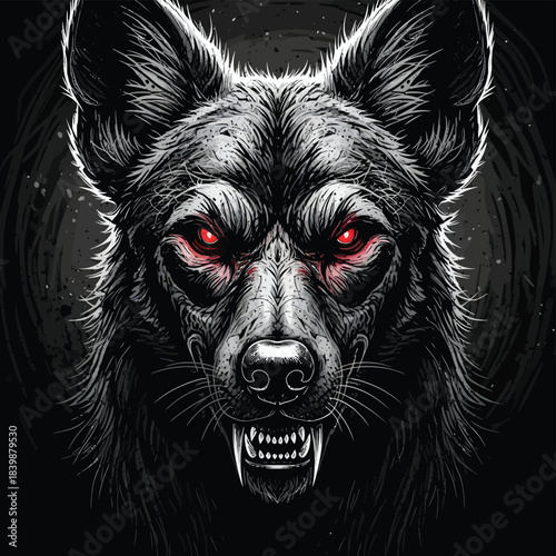Fierce snarling wolf head with red eyes.