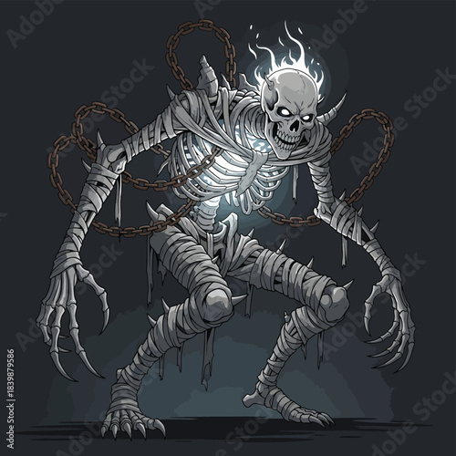 Glowing Skeletal Figure in Dynamic Crouching Pose.