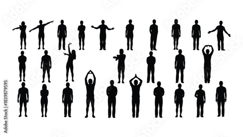 a collection of diverse human figures depicted in a stark black silhouette against a white background silhouette
