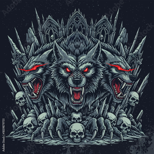 Three headed wolf throne with skulls illustration.