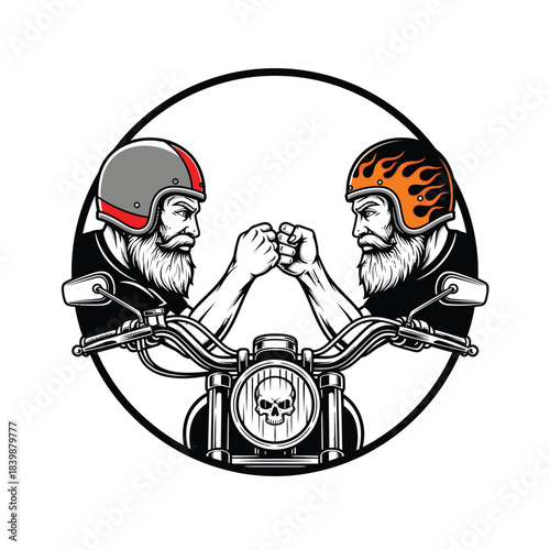 Two bikers fist bump on motorcycle.