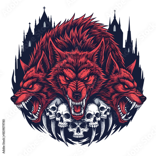 Triple Red Wolf Heads with Skulls in Gothic Art.