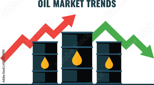 Oil Market Trends Illustration with Oil Barrels and Rising and Falling Graph Arrows – Energy Price Fluctuation Concept
