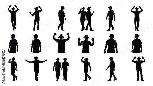 a collection of diverse human figures depicted in black showcasing various poses and actions in a striking silhouette