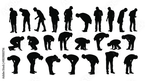 a collection of diverse human poses represented as black shapes against a white background focusing on body language silhouette