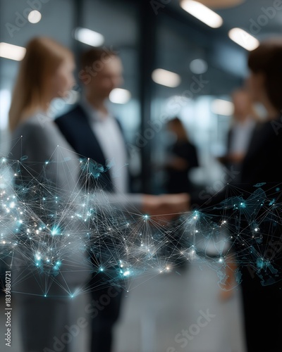 A diverse group of professionals forms an overlapping chain of handshakes, symbolizing a new multilayered global partnership in a modern conference setting.