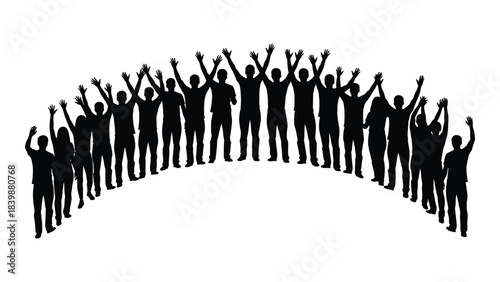a large group of people with arms raised in a celebratory gesture forming an arc shape silhouette
