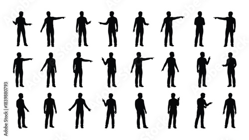 a collection of various human poses depicted in stark black silhouettes arranged in a grid formation silhouette