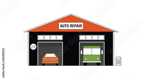 Auto Repair Garage Building Vector Illustration
