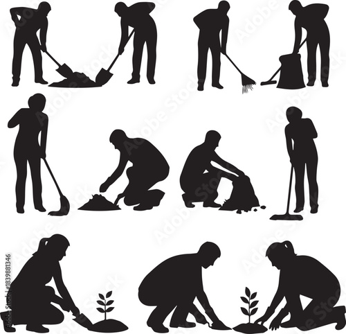Silhouettes of people gardening and cleaning in various poses