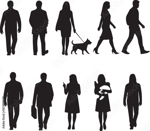Silhouettes of diverse people walking in various styles